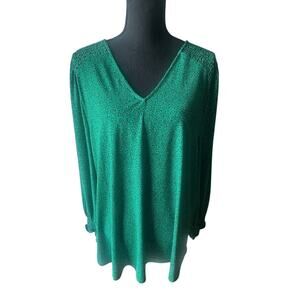 Adriana Papell Green V-Neck Blouse – Long Sleeve, Micro-Print Pattern